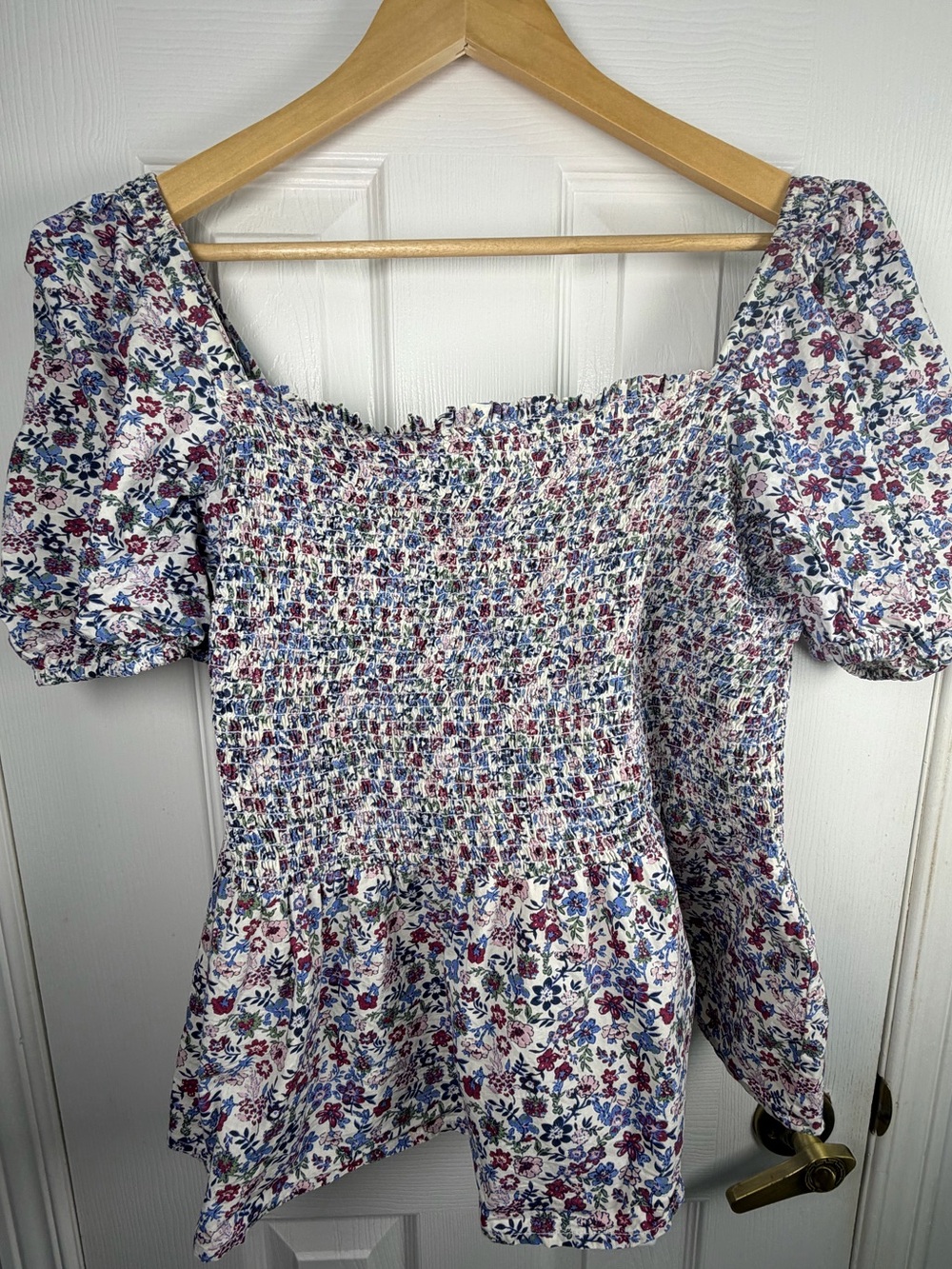 French Connection Floral Smocked Puff Sleeve Blouse White Blue Women's 1X